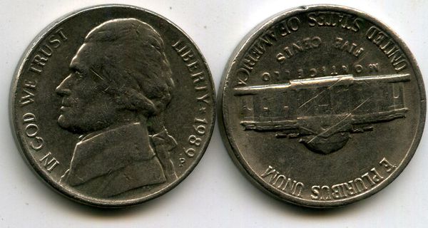 Монета 5 центов 1989г Р США