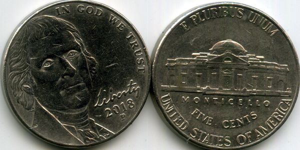 Монета 5 центов 2018г Р США
