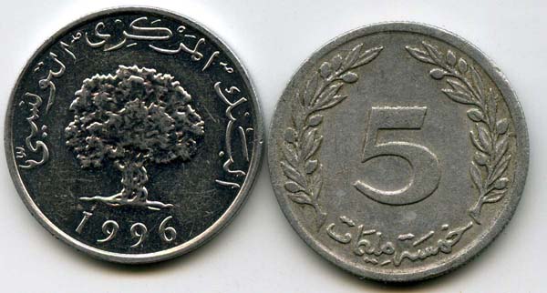 Монета 5 миллим 1996г Тунис