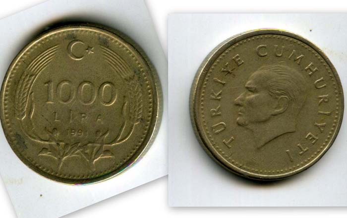 Монета 1000 лир 1991г Турция