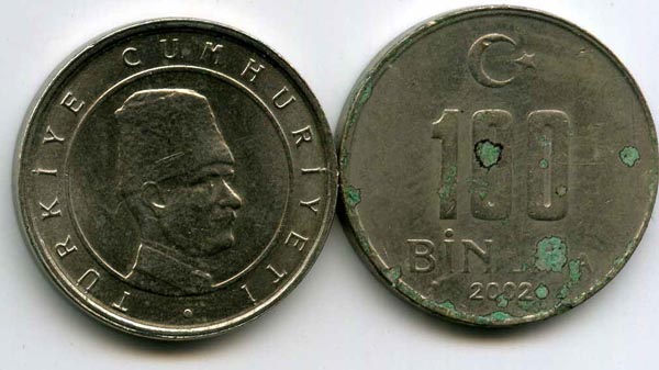 Монета 100 бин лир 2002г Турция