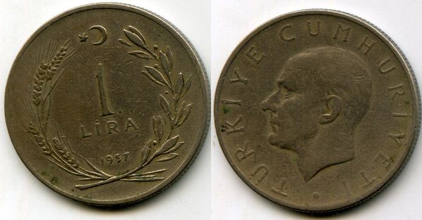 Монета 1 лира 1957г Турция