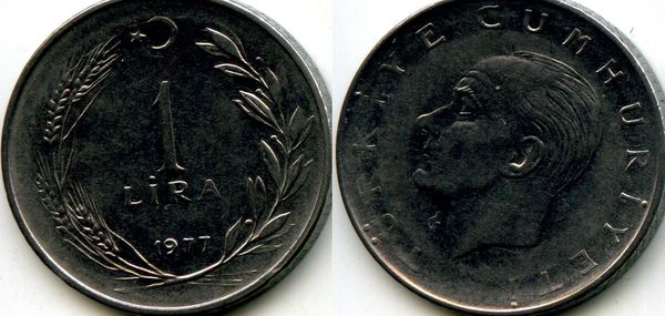 Монета 1 лира 1977г Турция
