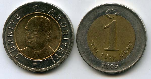 Монета 1 лира 2005г Турция