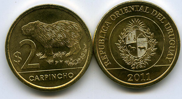 Монета 2 песо 2011г Уругвая