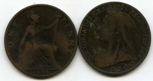 Монета 1 пенни 1899г Великобритания