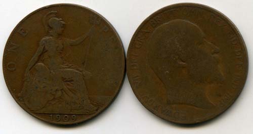 Монета 1 пенни 1909г Великобритания