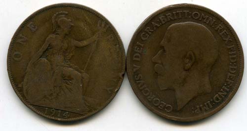 Монета 1 пенни 1914г Великобритания