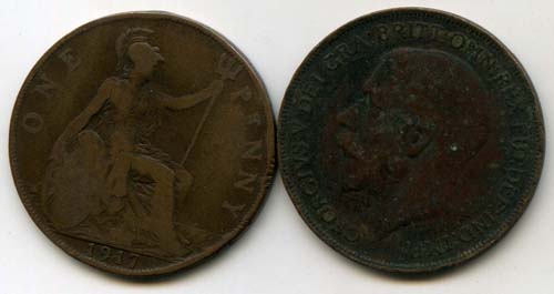 Монета 1 пенни 1917г Великобритания
