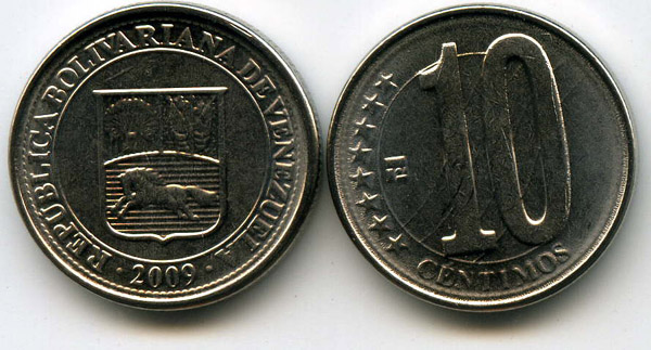 Монета 10 сентимос 2009г Венесуэла