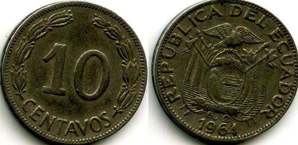 Монета 10 сентавос 1964г Эквадор