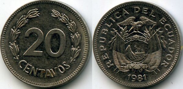 Монета 20 сентавос 1981г Эквадор