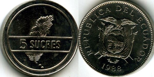 Монета 5 сукре 1988г Эквадор