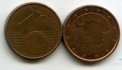 Монета 1 евроцент 2012г из обращения Эстония