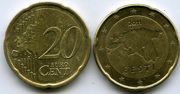 Монета 20 евроцентов 2011г из обращения Эстония