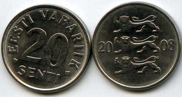 Монета 20 сенти 2008г Эстония