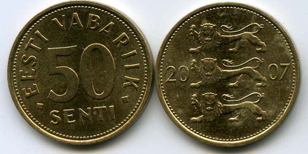 Монета 50 сенти 2007г Эстония