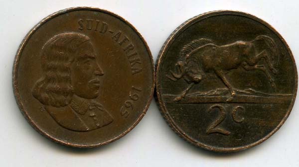 Монета 2 цента 1965г Южная Африка