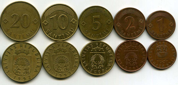 Набор монет неполный 1,2,5,10,20 сентим Латвия