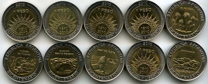Набор монет 5х1 песо 2010г 200 лет Аргентина