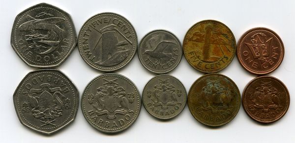 Набор монет 1,5,10,25,1 доллар 1973-2011гг Барбадос