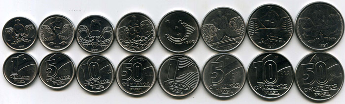Набор монет 1,5,10,50,1,5,10,50 крузейрос 1989-91г Бразилия
