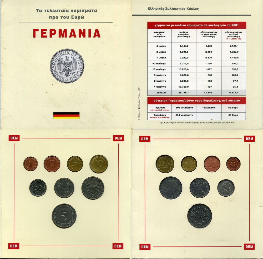 Набор монет 1,2,5,10,20,50,1,2,5 марок 1975-95гг Германия