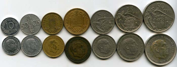 Набор монет 10,50 сент, 1;2,5;5,25,50 песет Франко Испания