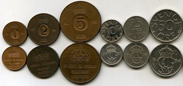 Набор монет неполный 1 оре -50 оре года разные Швеция