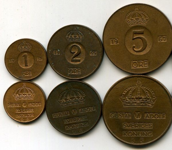 Набор монет неполный 1 оре -5 оре года разные Швеция