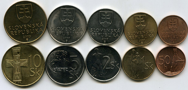 Набор монет 50,1,2,5,10 крон 2007г Словакия
